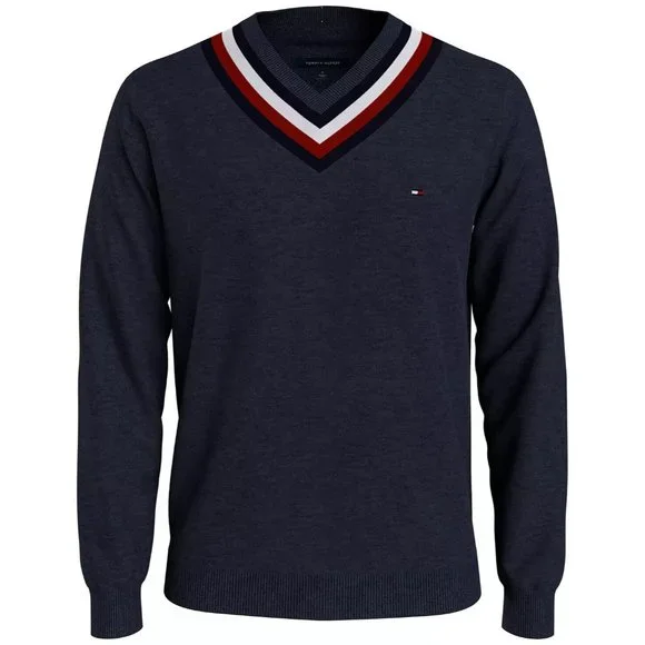 TOMMY HILFIGER Men's Signature Stripe Tipped Cricket V-Neck Sweater Navy Size XL